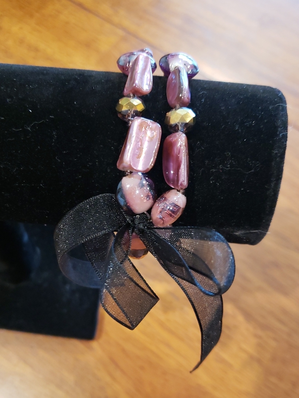 Purple Bead Double Strand Bracelet with Bow Accent